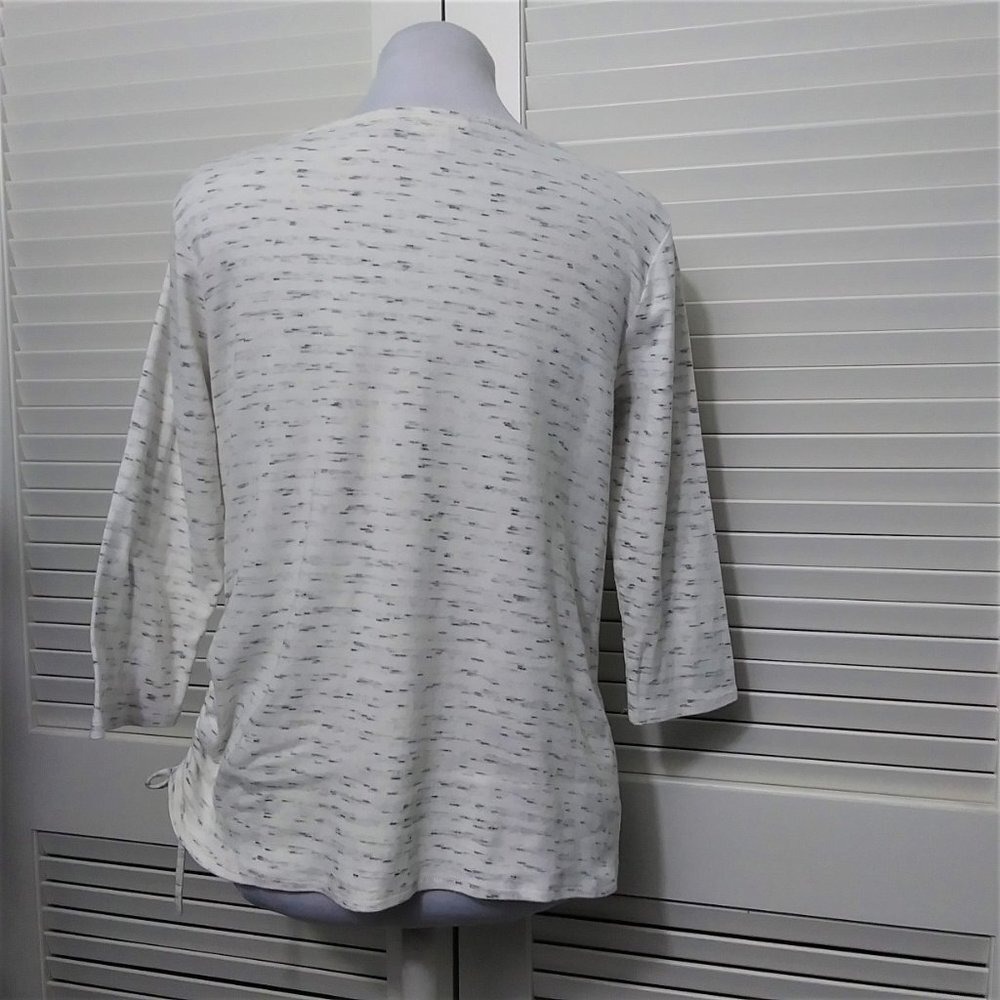 Womens Light Gray Space Dye Side Ruched 3/4 Sleeve Boat Neck Knit Top - Picture 7 of 12